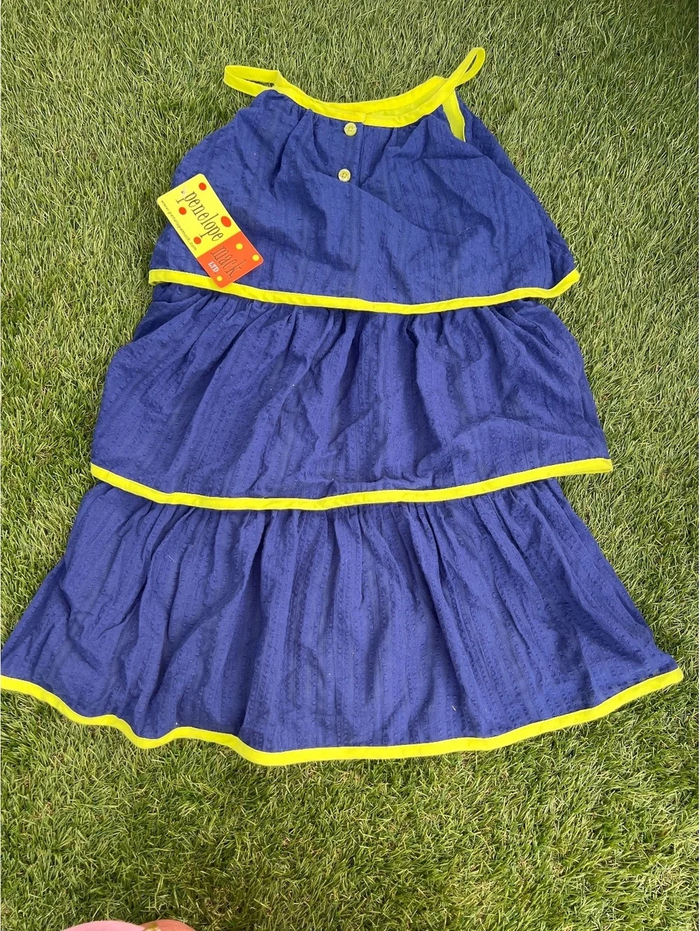 Penelope Mack Girls 6X Blue Tiered Dress with Neon Yellow Trim